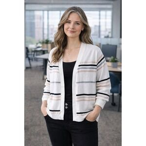 Love Scarlett Women's Striped Open Front Cardigan White Black Tan Size L
